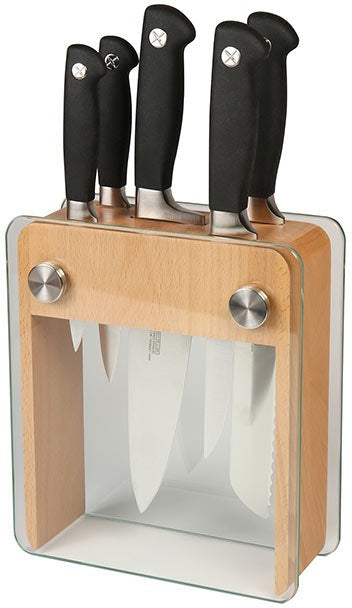 Mercer - Genesis 8" x 3.25" x 9" Beech Wood and Tempered Glass Knife Block and German Steel Knives, Pack Of 6 - M20050