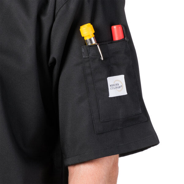 Mercer - Genesis® Black Poly Cotton Unisex Short Sleeve Chef Jackets with Traditional Button - M61012BK