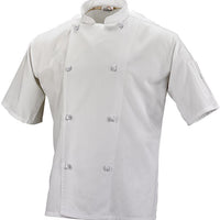 Mercer - Genesis White Poly Cotton Unisex Short Sleeve Chef Jackets with Cloth Knot Button - M61022WH