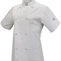 Mercer - Genesis® White Poly Cotton Women Short Sleeve Chef Jackets with Cloth Knot Button - M61042WH