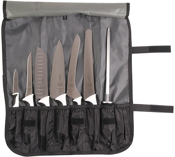Mercer - Millennia® Black Knife Roll with Japanese Steel Knives with White Handle, Pack Of 8 - M21821WH