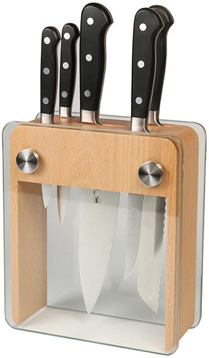 Mercer - Renaissance 8" x 3.25" x 9" Beech Wood and Tempered Glass Knife Block and German Steel Knives, Pack Of 6 - M23505