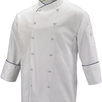Mercer - Renaissance Poly Cotton White Men's Scoop Neck Chef Jacket With Royal Blue Piping on Neck and Cuffs - M62020WRB