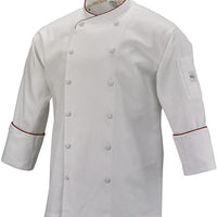 Mercer - Renaissance Poly Cotton White Men's Scoop Neck Chef Jacket with Red Piping on Neck and Cuffs - M62015WR