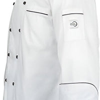 Mercer - Renaissance Poly Cotton White Men's Traditional Neck Chef Jacket with Full Black Piping - M62090WB