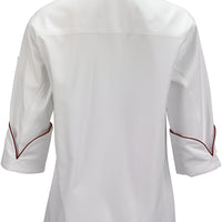 Mercer - Renaissance Poly Cotton White Women's Scoop Neck Chef Jacket with Red Piping on Neck and Cuffs - M62045WR