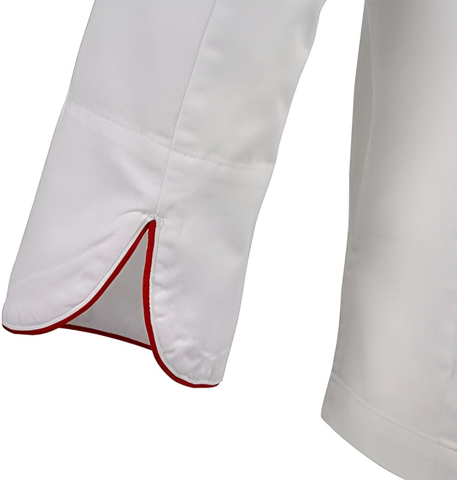 Mercer - Renaissance Poly Cotton White Women's Scoop Neck Chef Jacket with Red Piping on Neck and Cuffs - M62045WR