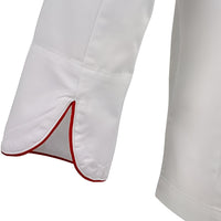 Mercer - Renaissance Poly Cotton White Women's Scoop Neck Chef Jacket with Red Piping on Neck and Cuffs - M62045WR