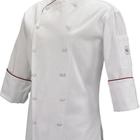 Mercer - Renaissance Poly Cotton White Women's Scoop Neck Chef Jacket with Red Piping on Neck and Cuffs - M62045WR