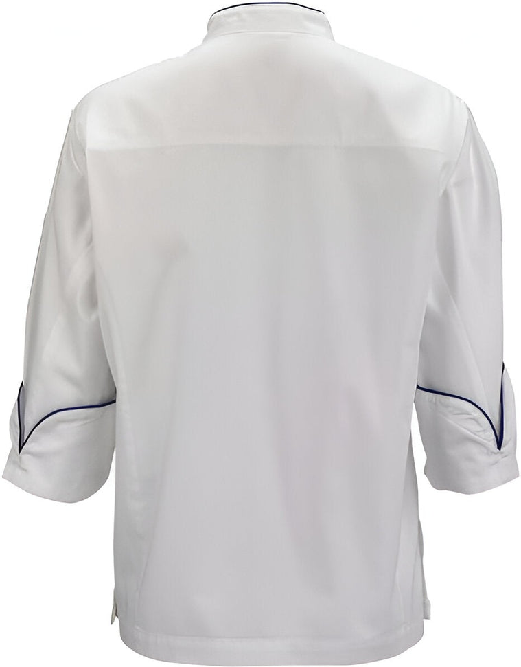 Mercer - Renaissance Poly Cotton White Women's Scoop Neck Chef Jacket with Royal Blue Piping on Neck and Cuffs - M62050WRB
