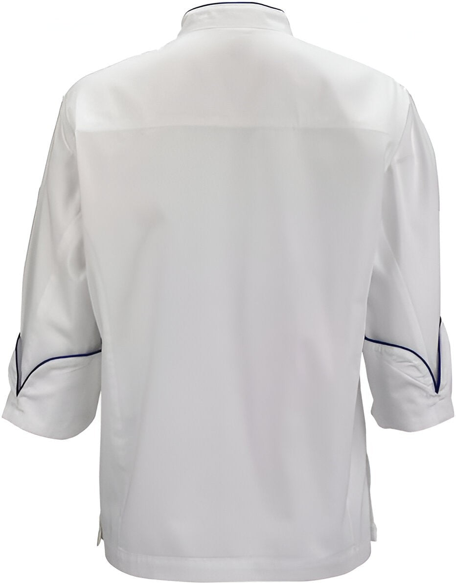 Mercer - Renaissance Poly Cotton White Women's Scoop Neck Chef Jacket with Royal Blue Piping on Neck and Cuffs - M62050WRB
