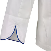 Mercer - Renaissance Poly Cotton White Women's Scoop Neck Chef Jacket with Royal Blue Piping on Neck and Cuffs - M62050WRB