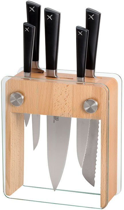 Mercer - Zum 8" x 3.25" x 9" Beech Wood and Tempered Glass Knife Block and German Steel Knives, Pack Of 6 - M19105