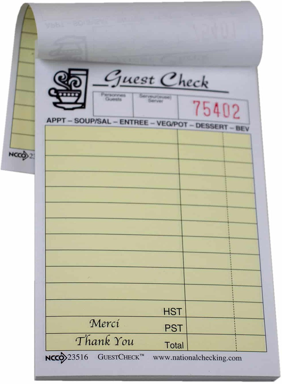NCCO International - 3.5" x 5.125", 2-Part Small Paper Guest Check, 1000/Pk - 23516