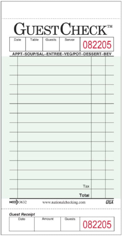 NCCO International - 3.5" x 6.75", 1-Part Green Guest Check, 2500/Cs - MP-G3632