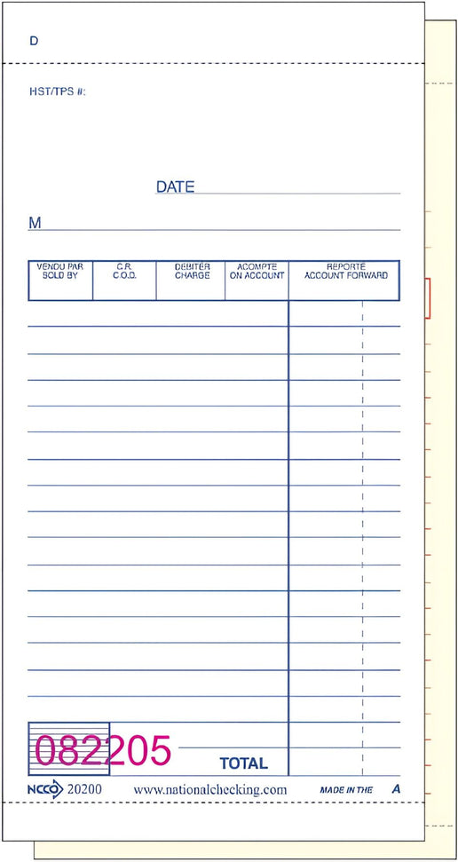 NCCO International - 3.5" x 6.75", 2-Part Medium Carbonless Canadian Guest Check, 50/Pk - 20200