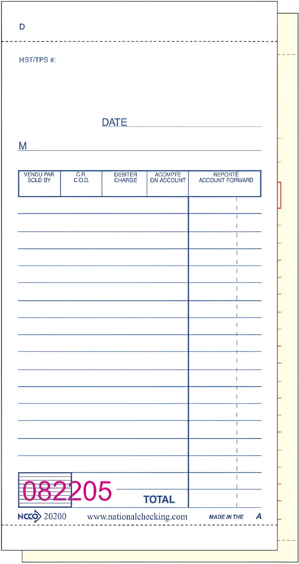 NCCO International - 3.5" x 6.75", 2-Part Medium Carbonless Canadian Guest Check, 50/Pk - 20200