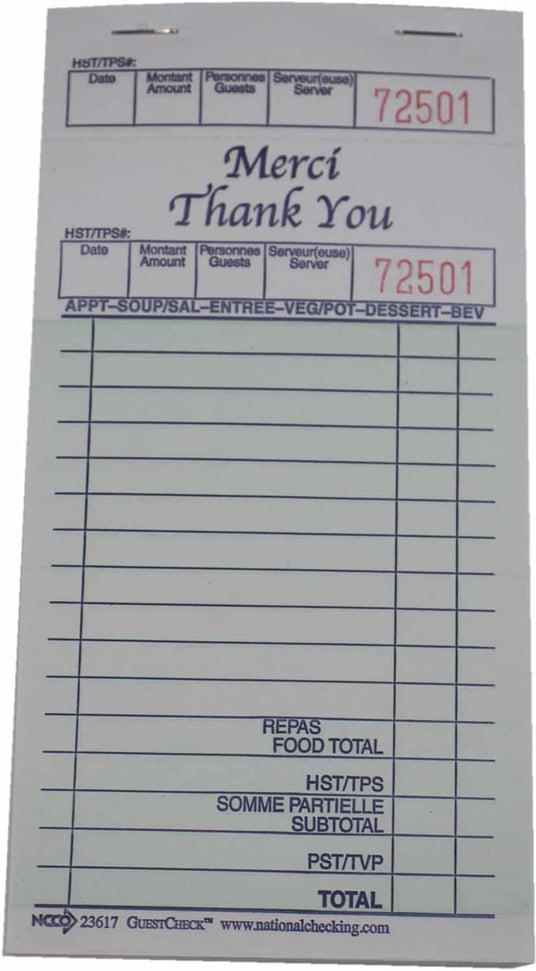 NCCO International - 3.5" x 6.75" Medium Single Guest Check, 1000/Pk - 23617