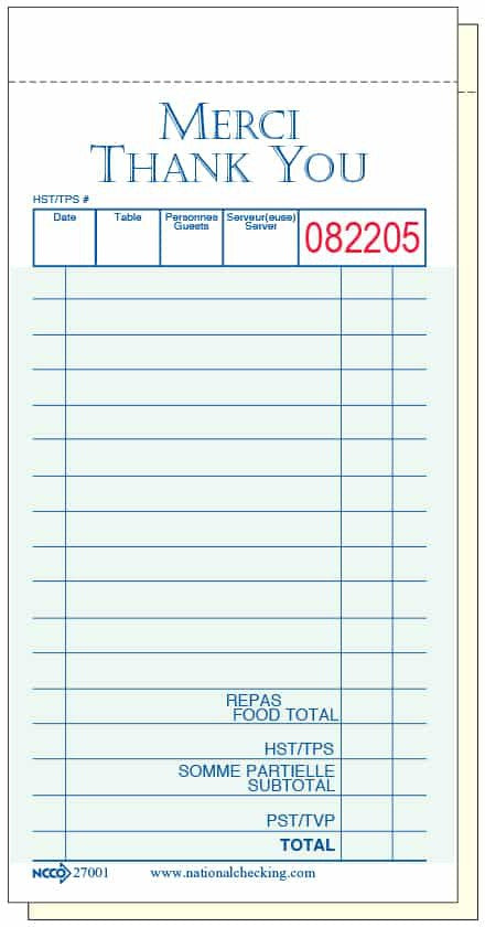 NCCO International - 3.5" x 6.75" Medium Two-Part Carbonless Guest Check , 500/Pk - 27001