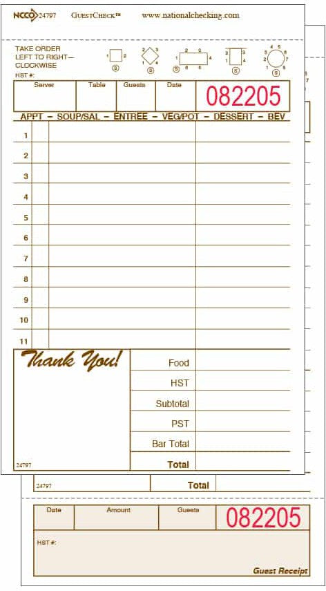 NCCO International - 4.25" x 7.75", Medium-Wide Two-Part Carbonless Canadian Guest Check, 250/Pk - 24797