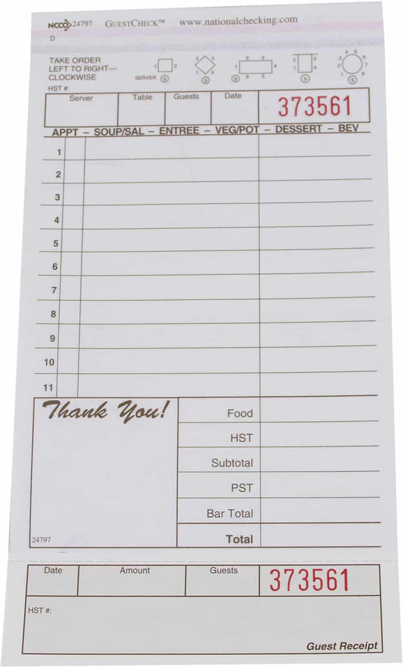 NCCO International - 4.25" x 8.5", Medium-Wide Tan 2-Part Carbonless Canadian Guest Check 15 Lines, 250/Pk (8 PK/Case) - MP-T4997SP)