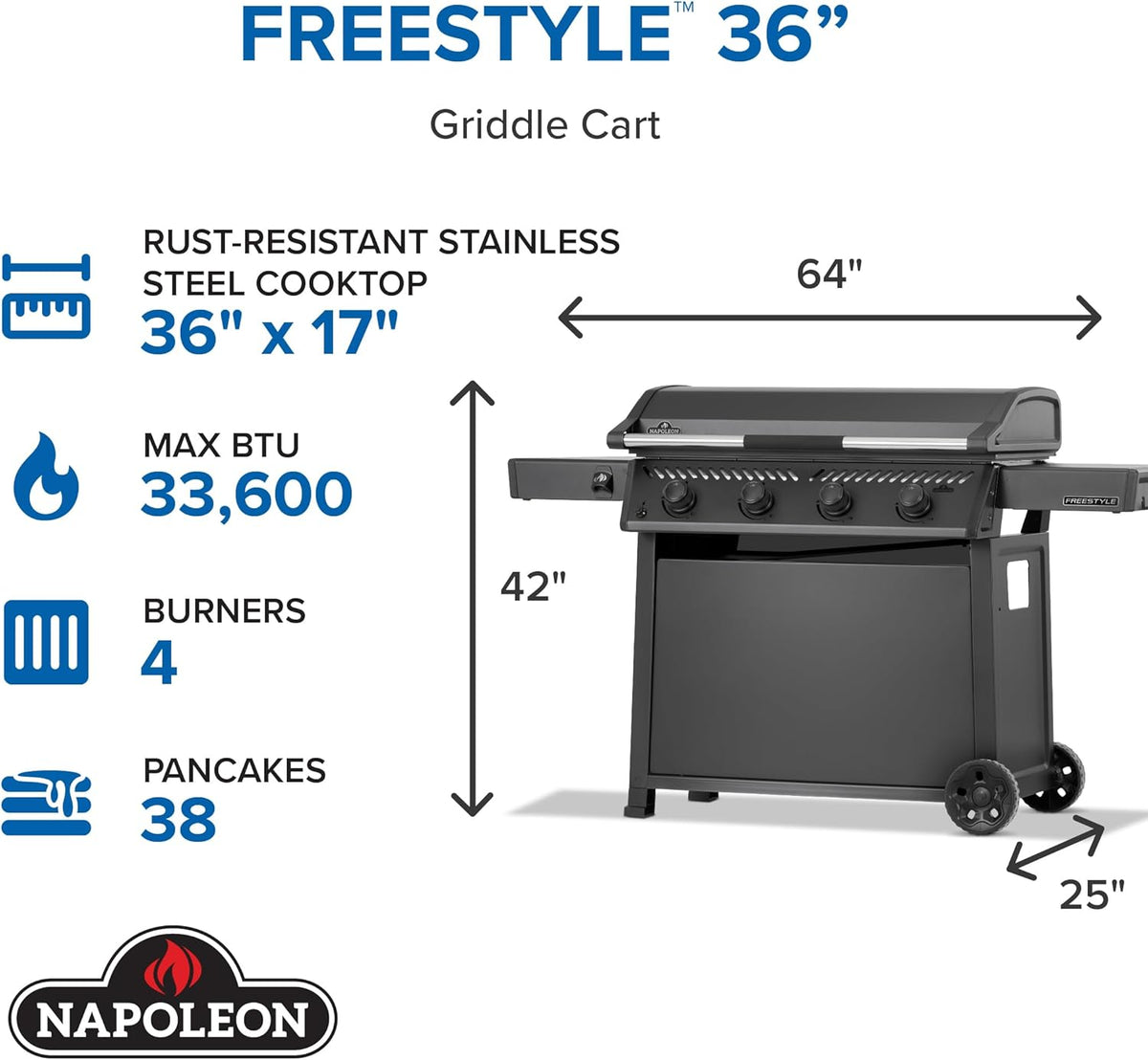 Napoleon - Freestyle™ 36 Inch Pre-seasoned Non-Stick Griddle, Propane - F36FTPMK
