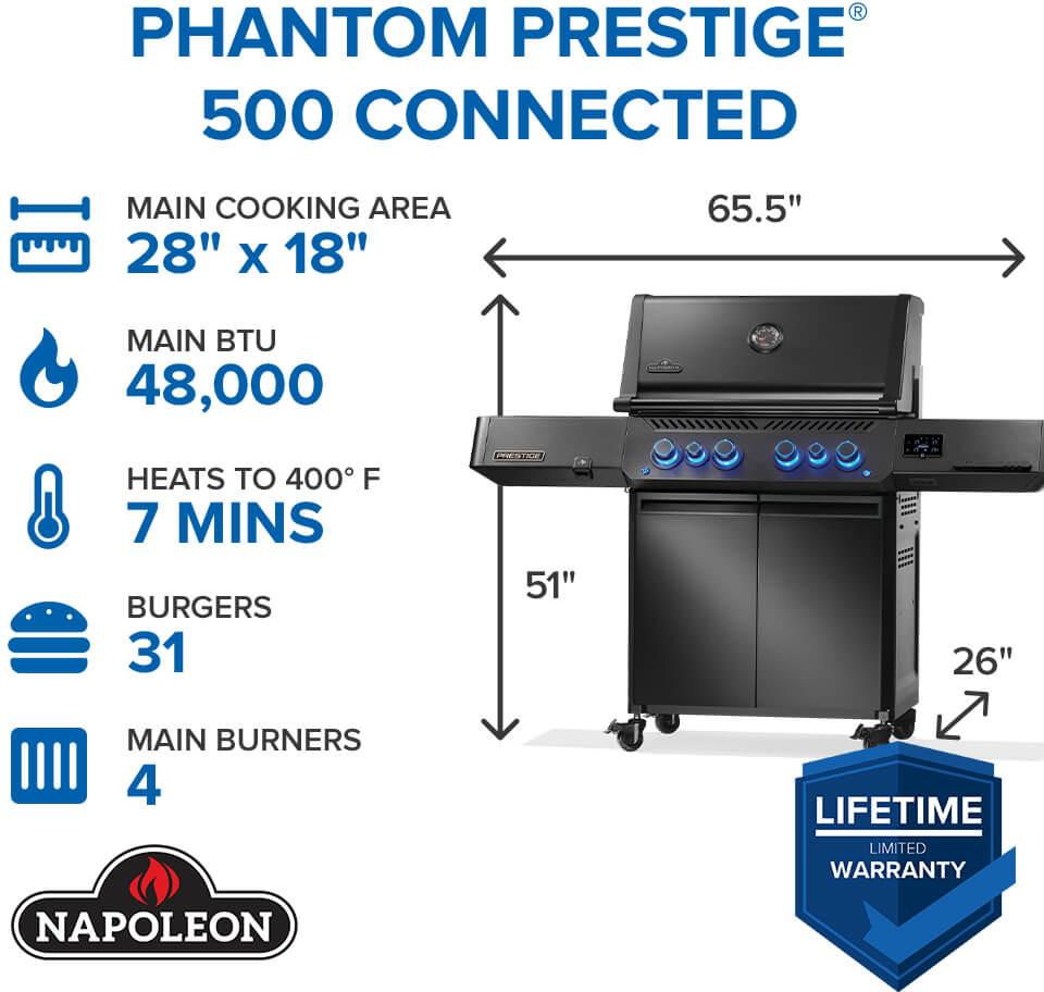 Napoleon - Phantom Prestige® 500 Connected, Propane Gas Grill with Infrared Side and Rear Burner, Matte Black - P500VXRSIBPK-PHM