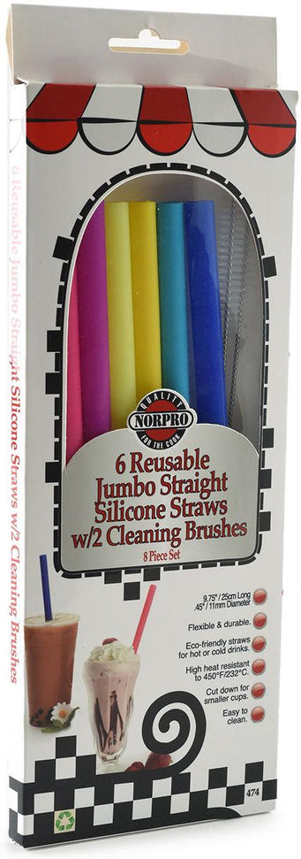 Norpro - 9.5" Silicone Jumbo Smoothie Straws with 2 Brush, Pack of 6 - 474