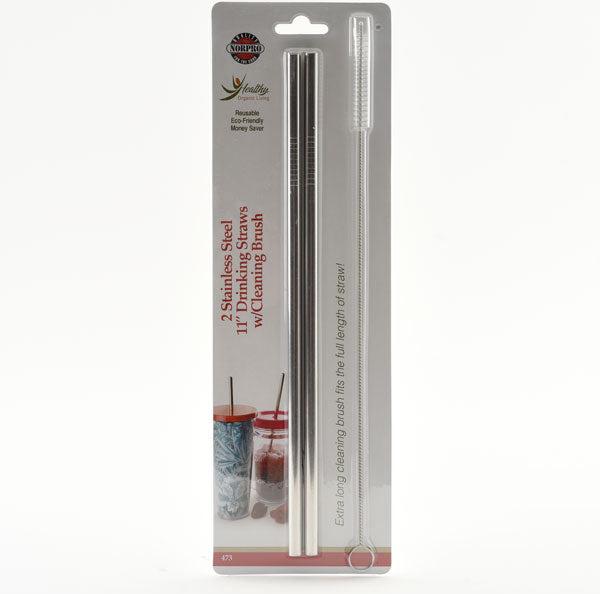 Norpro - Set of 2 Stainless Steel 11″ Straight Straws with 1 Brushe, Pack of 24 Sets - 473D