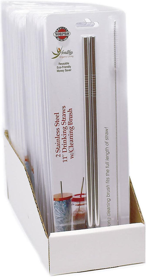 Norpro - Set of 2 Stainless Steel 11″ Straight Straws with 1 Brushe, Pack of 24 Sets - 473D