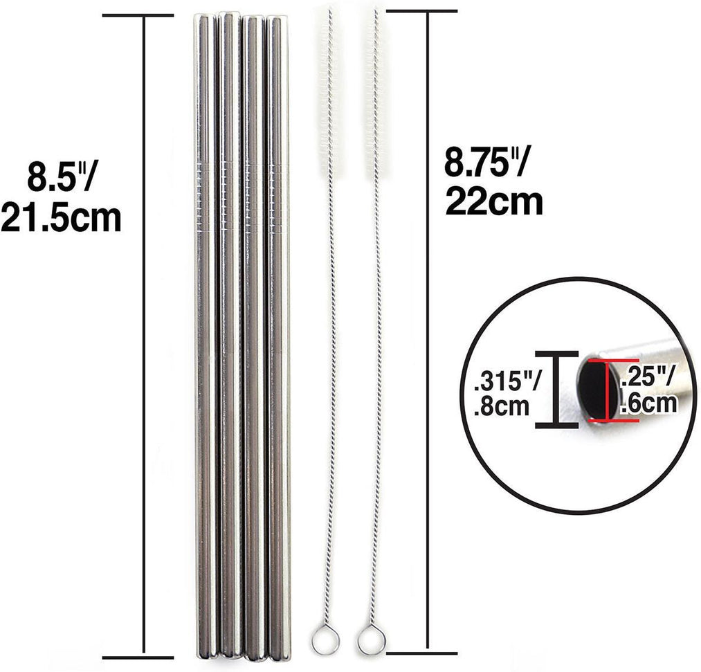 Norpro - Set of 4 Stainless Steel 8.5" Straight Straws with 2 Brushes, Pack of 24 Sets - 470D