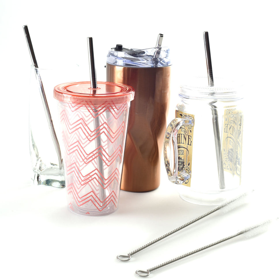 Norpro - Set of 4 Stainless Steel 8.5" Straight Straws with 2 Brushes, Pack of 24 Sets - 470D