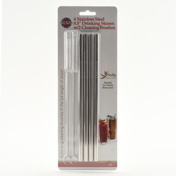 Norpro - Set of 4 Stainless Steel 8.5" Straight Straws with 2 Brushes, Pack of 24 Sets - 470D