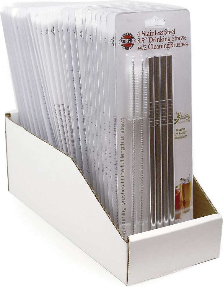 Norpro - Set of 4 Stainless Steel 8.5" Straight Straws with 2 Brushes, Pack of 24 Sets - 470D