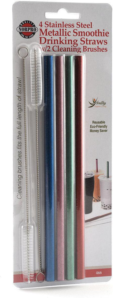 Norpro - Set of 4 Stainless Steel Metallic Smoothie Straws with 2 Brushes, Pack of 24 Sets - 466D