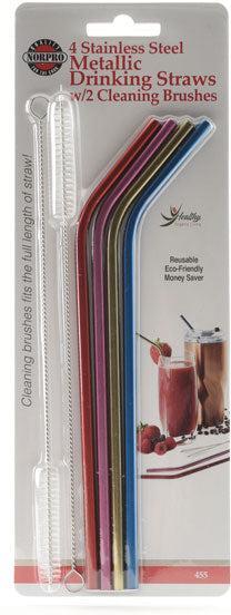 Norpro - Set of 4 Stainless Steel Metallic Straws with 2 Brushes, Pack of 24 Sets - 455D