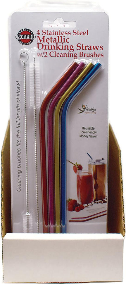Norpro - Set of 4 Stainless Steel Metallic Straws with 2 Brushes, Pack of 24 Sets - 455D