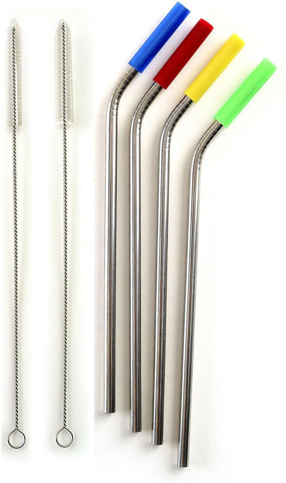 Norpro - Set of 4 Stainless Steel Silicone Tipped Straws with 2 Brushes, Pack of 24 Sets - 456D