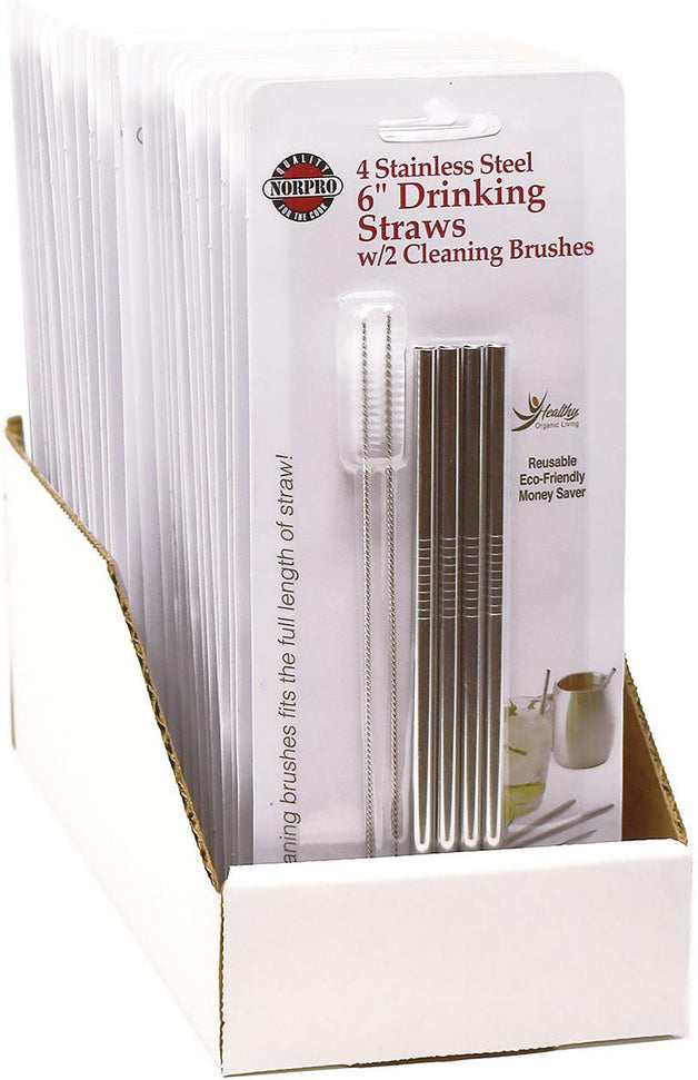 Norpro - Set of 4 Stainless Steel Straws with 2 Brushes, Pack of 24 Sets - 454D