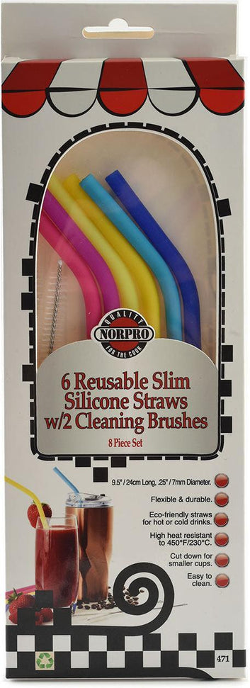 Norpro - Set of 6 Slim Silicone Straws with 2 Brushes, Pack of 18 Sets - 471D