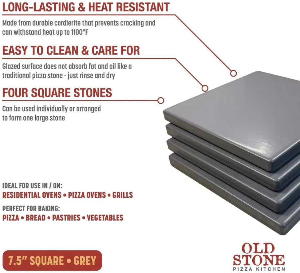Old Stone Pizza Kitchen - Glazed Cordierite 7.5" 4 Pcs Grey Square Pizza Stone Set - GPS475-G
