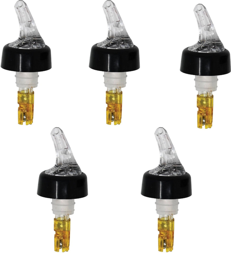 Omcan - 1 1/2 Oz Clear Spout With Yellow Tail Measured Liquor Pourer with Collar, Pack of 5 - 80884