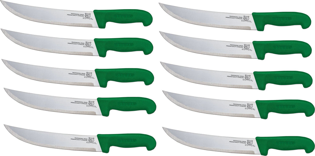 Omcan - 10” Butcher Steak Knife with Green Polypropylene Handle, Pack of 5 - 12215