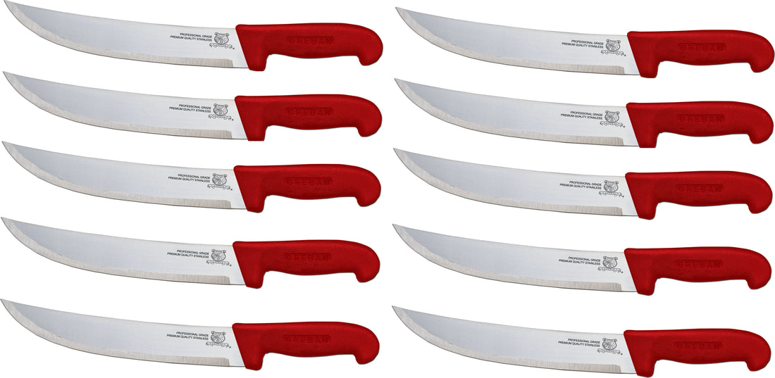 Omcan - 10” Butcher Steak Knife with Red Polypropylene Handle, Pack of 10 - 12220