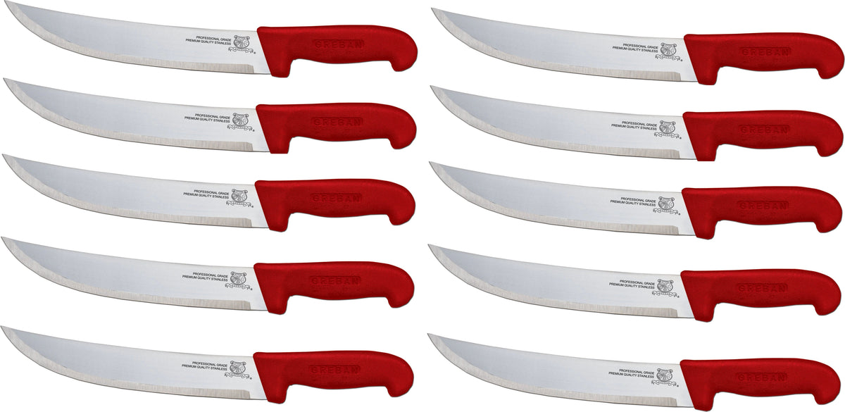 Omcan - 10” Butcher Steak Knife with Red Polypropylene Handle, Pack of 5 - 12220