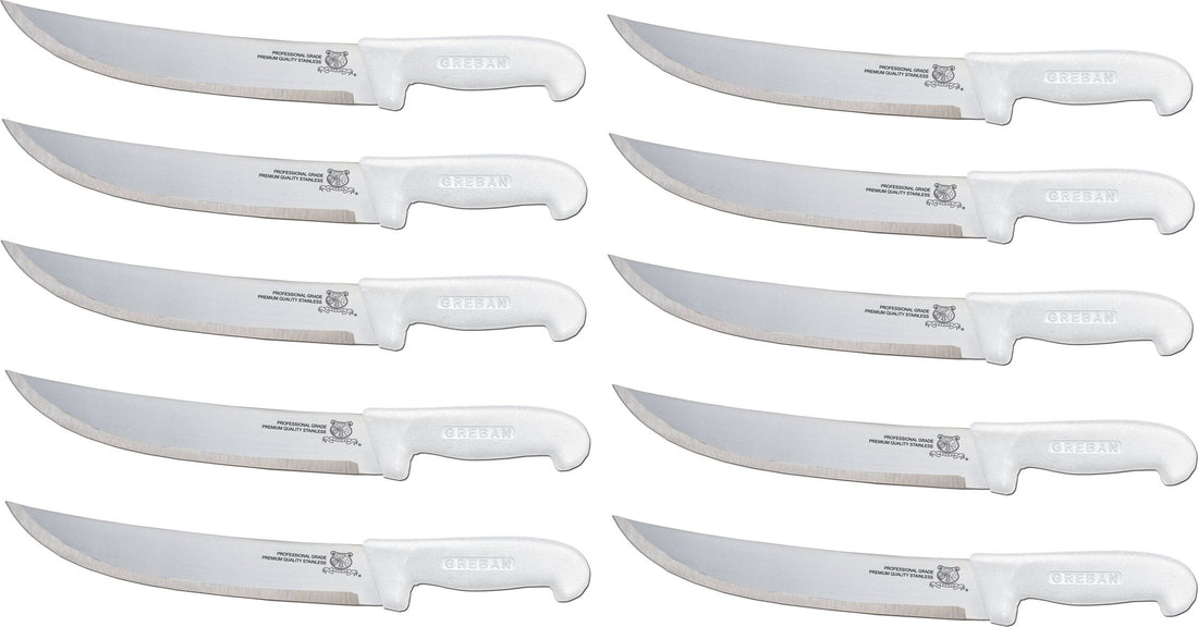 Omcan - 10” Butcher Steak Knife with White Polypropylene Handle, Pack of 10 - 12229