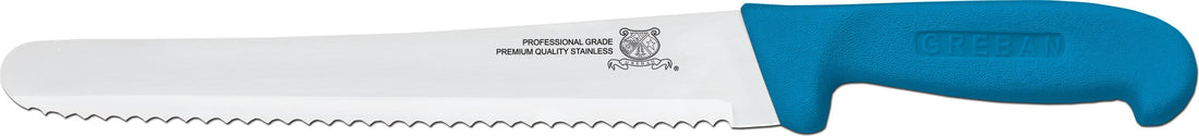 Omcan - 10” Curved Wave Edge Slicer Knife with Blue Polypropylene Handle, Pack of 15 - 12460