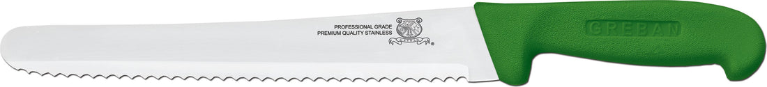 Omcan - 10” Curved Wave Edge Slicer Knife with Green Polypropylene Handle, Pack of 15 - 12462