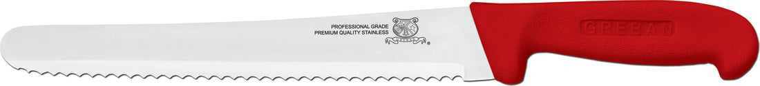 Omcan - 10” Curved Wave Edge Slicer Knife with Red Polypropylene Handle, Pack of 15 - 12464