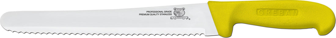Omcan - 10” Curved Wave Edge Slicer Knife with Yellow Polypropylene Handle, Pack of 15 - 12467